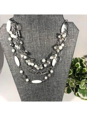 Faux Pearl and Silver Tone Dangles Multi Strand Necklace 16in plus 3in Extender